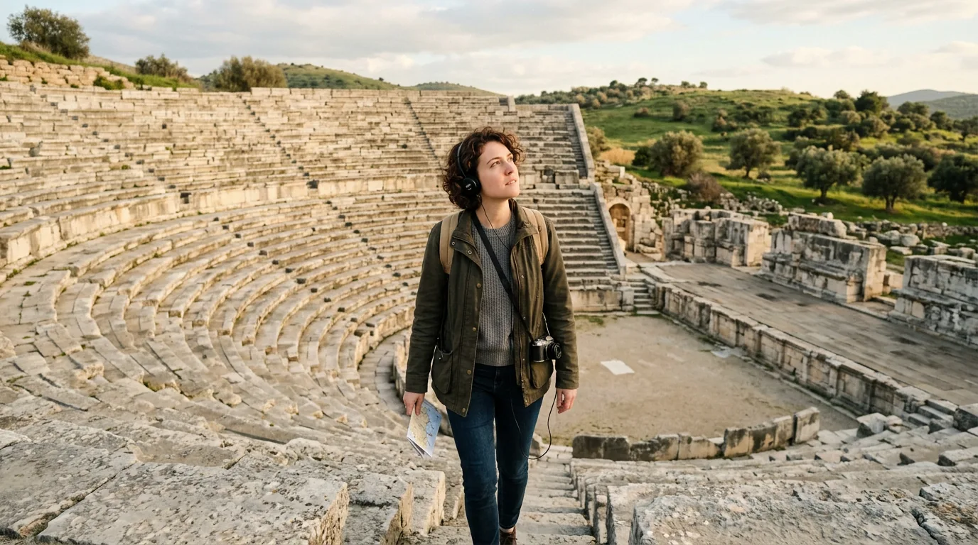 Turysta ze słuchawkami podczas samodzielnego zwiedzania