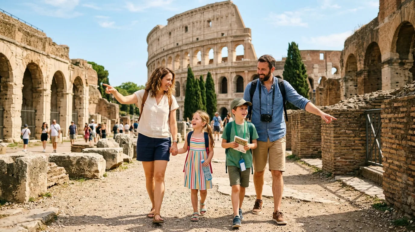 Rodzina z dziećmi podczas zwiedzania zabytków Rzymu