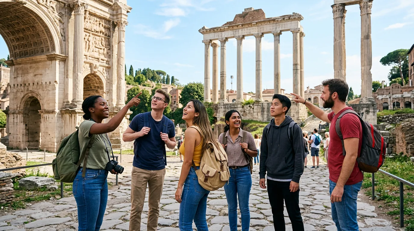 Studenci podczas zwiedzania starożytnego Rzymu
