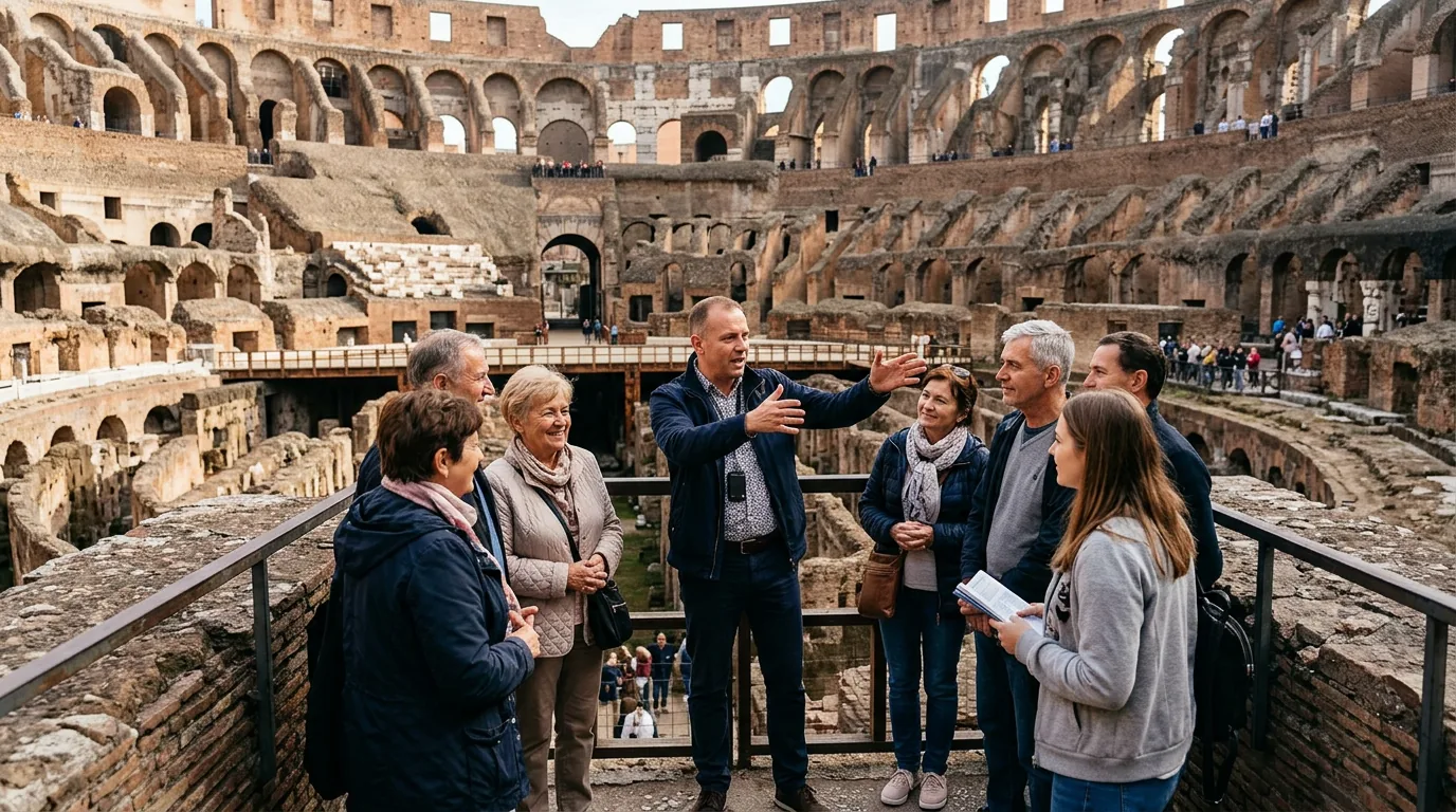 Grupa turystów z przewodnikiem przy zabytku Rzymu
